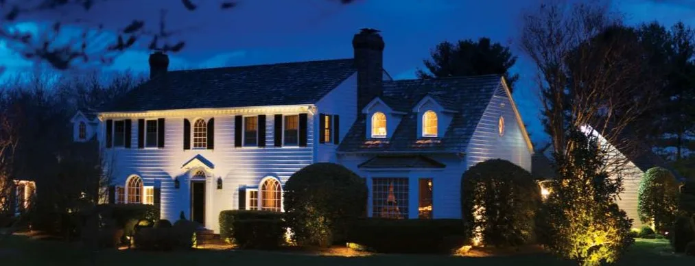 Exterior evening photo of white 2 story paneled home surrounded by trees and grass. Outdoor landscape lighting added to areas around the home highlighting Dayloom's work.