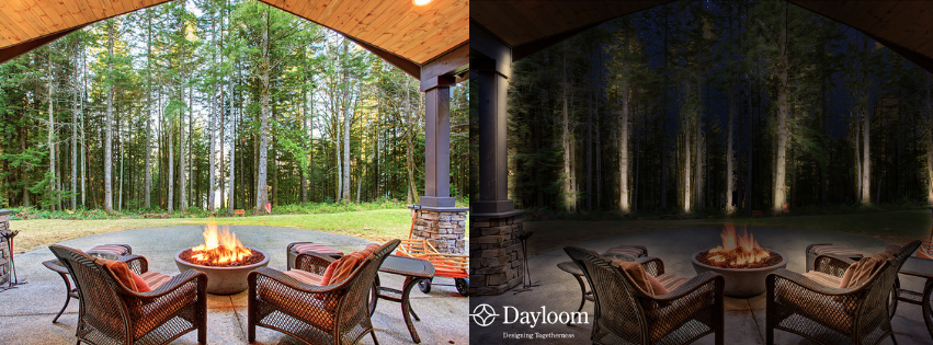 Before & After renderings of a backyard seating area with a fire pit against a group of trees. 