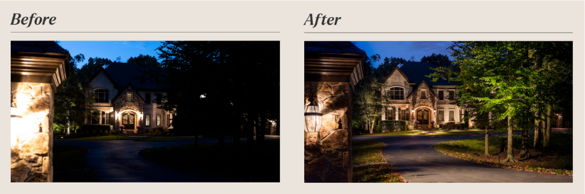 Before and after of a large home front and yard showing the impact landscape lighting can have on a home. 