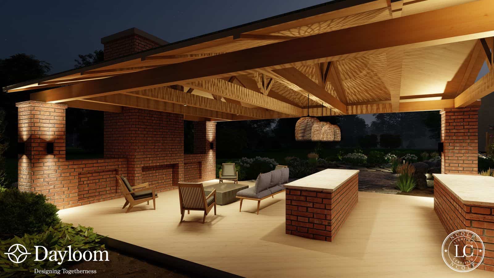 3D landscape lighting rendering of an outdoor kitchen pavilion at night, with a warmly lit timber ceiling, glowing pendants, and uplit brick columns