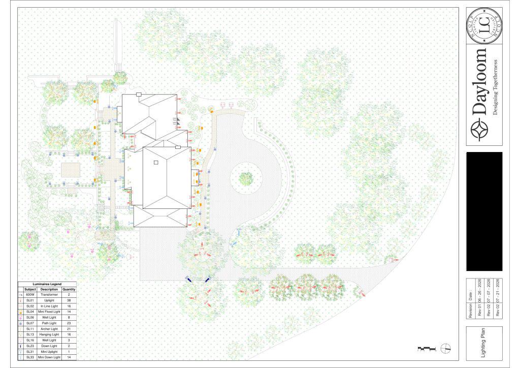 Dayloom lighting plan sheet for a wooded residential property with uplight, path light and hanging light locations, a luminaires legend and the certified lighting designer seal