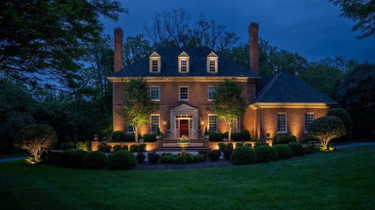 Landscape lighting on a brick colonial McLean, VA home and front lawn