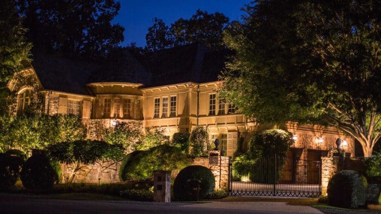 Landscape lighting on a stone and stucco McLean, VA home