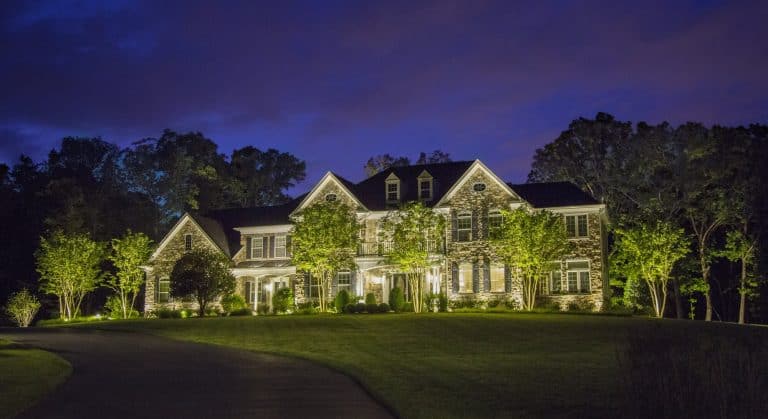 Stone and siding home at twilight, with uplit trees across the front lawn and soft facade lighting framing the windows.