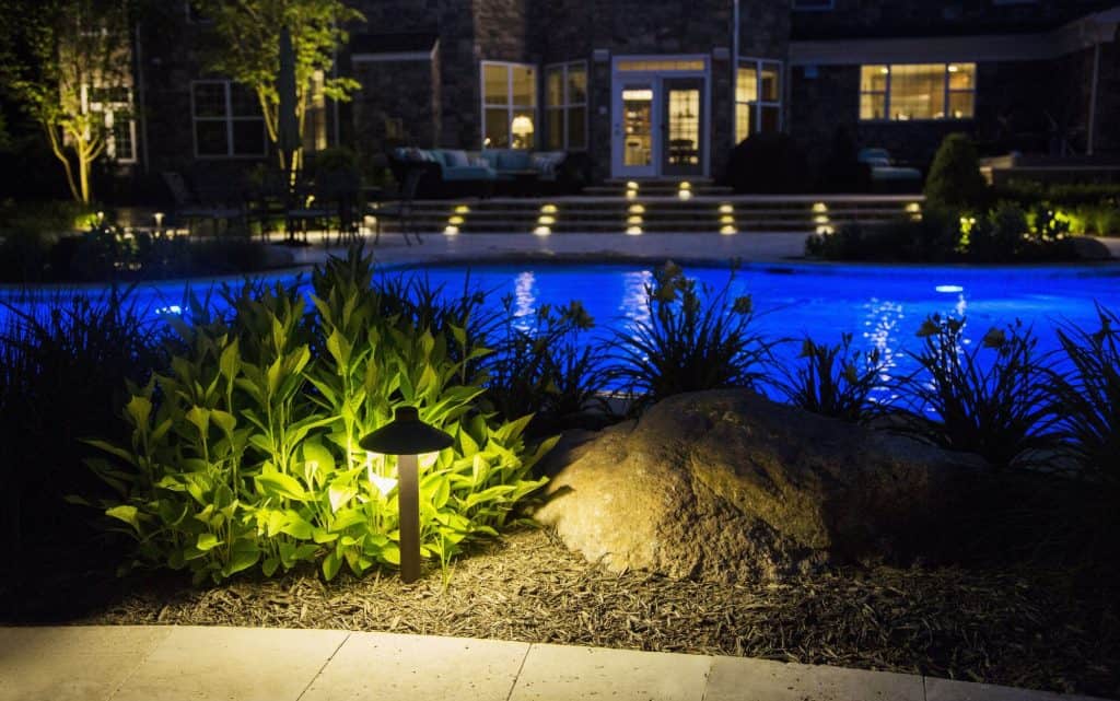 Backyard pool glowing blue at night, with accent lights on ornamental grasses and a boulder and step lights on the terrace.