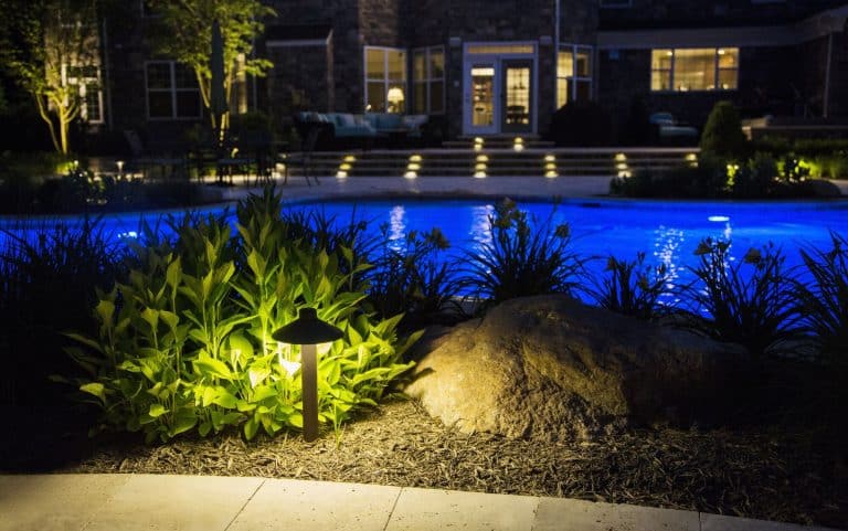 Backyard pool glowing blue at night, with accent lights on ornamental grasses and a boulder and step lights on the terrace.